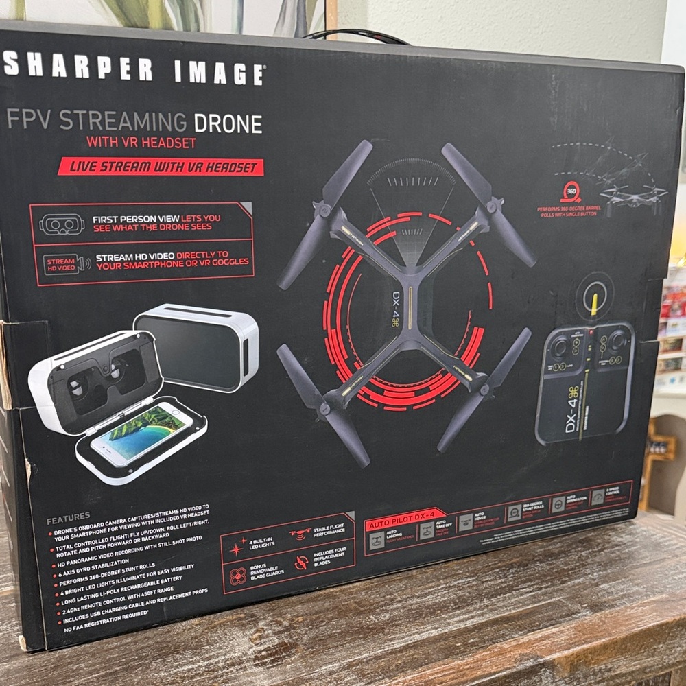 Sharper Image Black FPV Streaming Drone w/Red Accents & VR Headset  New in Box